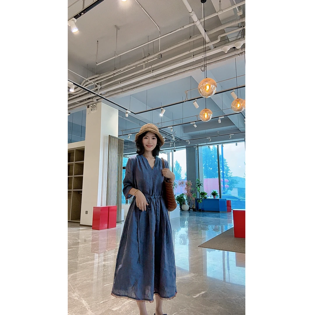 蓝调色织汉麻连衣裙女2025夏季新款轻奢高级感收腰显瘦裙子25177