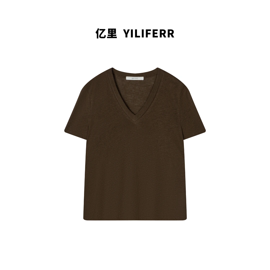 【YILI显瘦女装】时尚百搭V领纯色简约短袖t Y1034