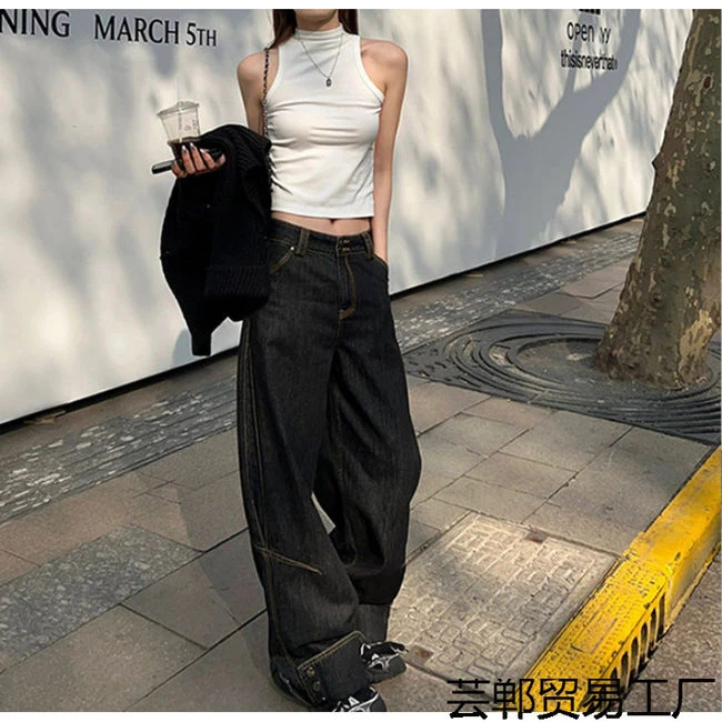 美式高街宽松翻边纽扣复古阔腿牛仔裤2025年新款男女加长拖地裤