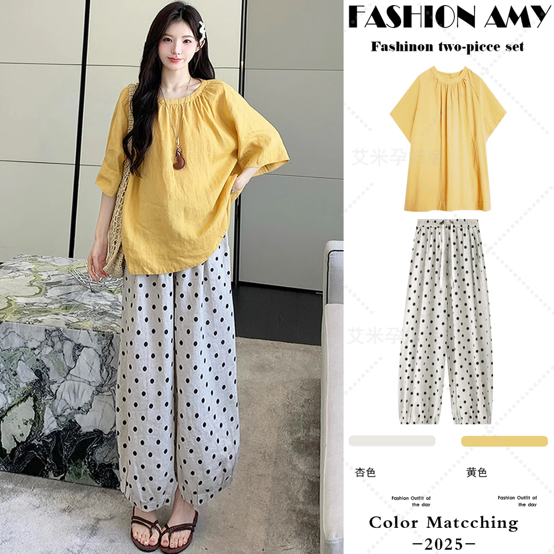 孕妇套装夏装新款时尚韩版宽松百搭麻棉短袖衬衣休闲波点阔腿裤子