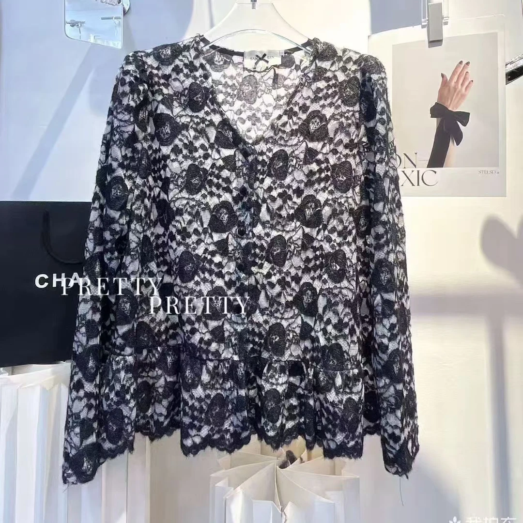 法式气质雪尼尔蕾丝开衫打底衫女大码秋冬显瘦洋气千金风上衣