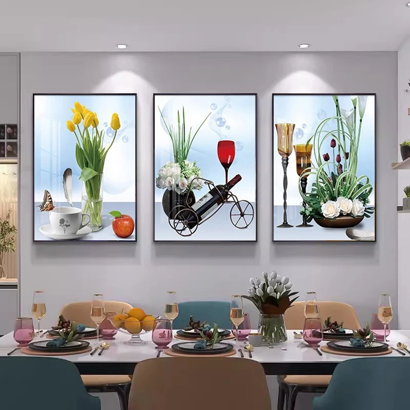 现代简约餐厅钻石画三联饭厅轻奢风创意酒杯花卉点贴钻十字绣满钻