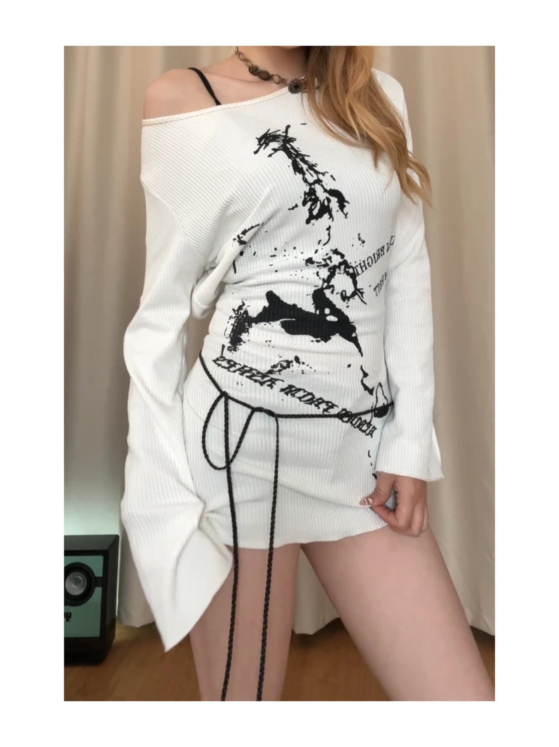 【2453白色绑带长袖】美式圆领显瘦长款印花绑带上衣