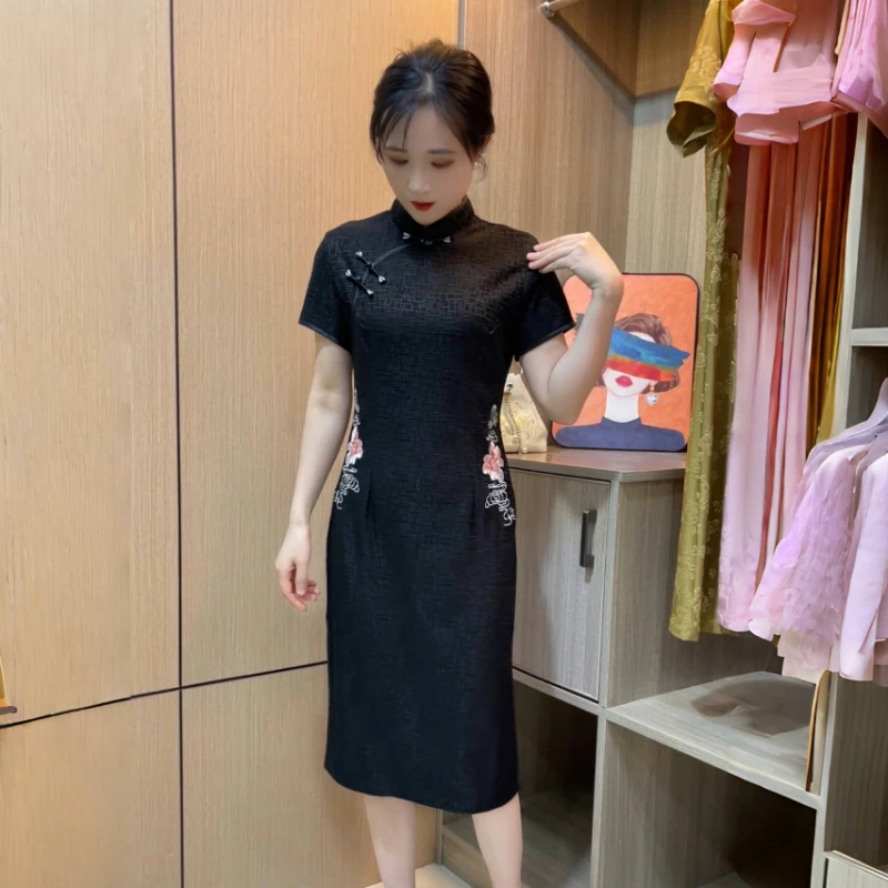 新中式复古中国风黑色旗袍连衣裙夏季新款气质显瘦妈妈装日常婚宴