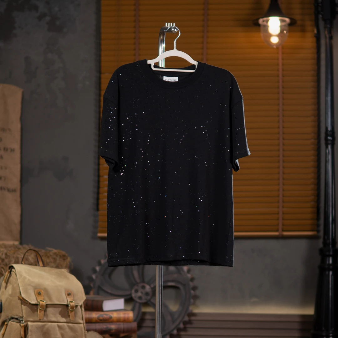 高级感满天星宽松圆领夏季短袖2025男性士满钻圆领T恤轻奢休闲