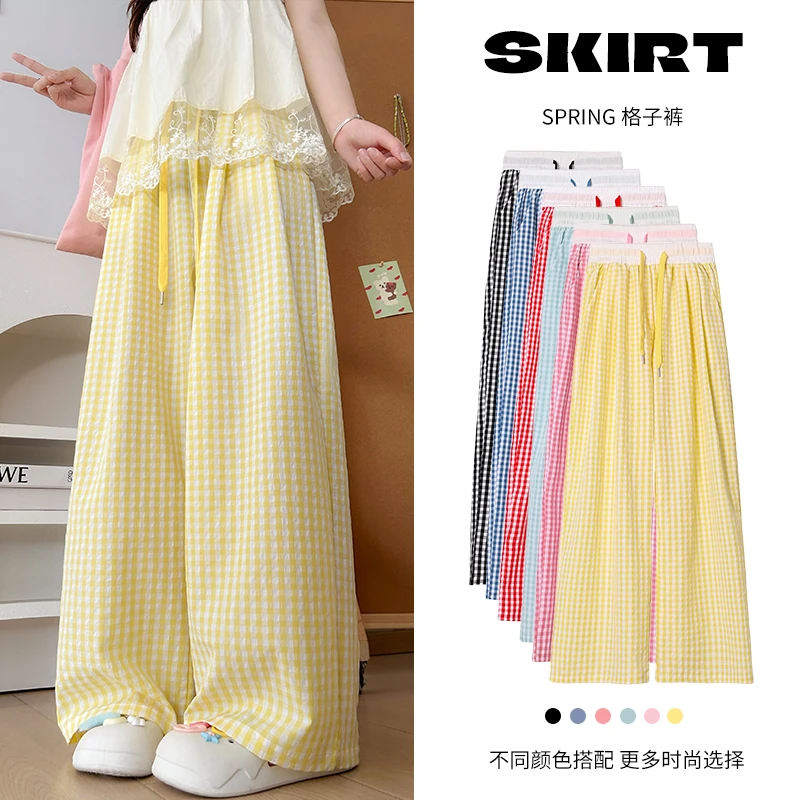 黄色格子裤子女夏季薄款2025新款高腰垂感休闲直筒显瘦阔腿山本裤