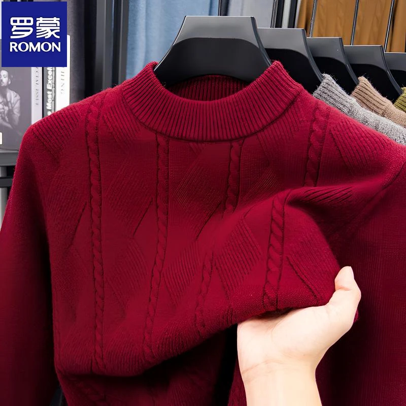 罗蒙秋冬提花纯色厚毛衣男士简约亲肤针织衫时尚舒适圆领减龄打底