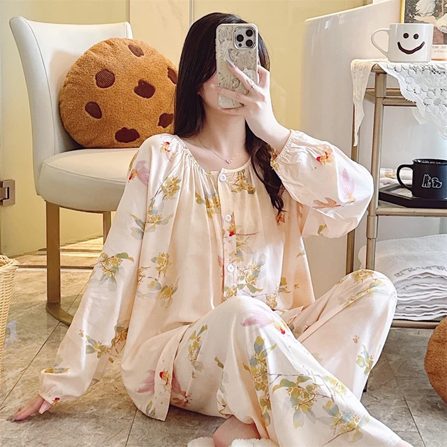 新款棉绸睡衣女春秋夏季开衫长袖套装韩版人造棉加肥家居服可外穿