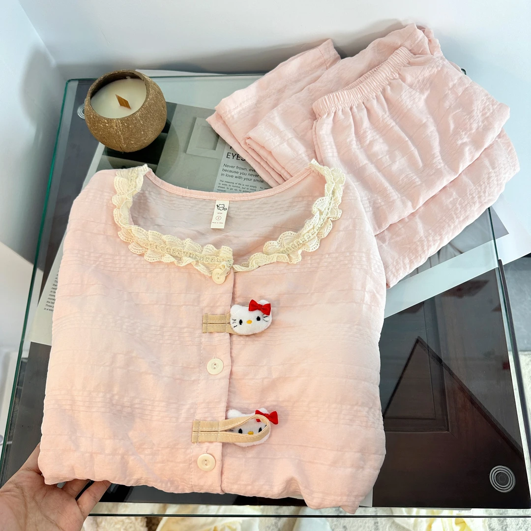 带胸垫粉KT猫睡衣女款春秋夏季云朵棉长袖长裤套装可爱薄款家居服