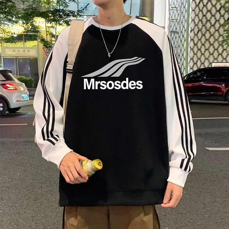 美式字母条纹圆领卫衣男秋冬季2025新款长袖宽松高街无帽上衣外套