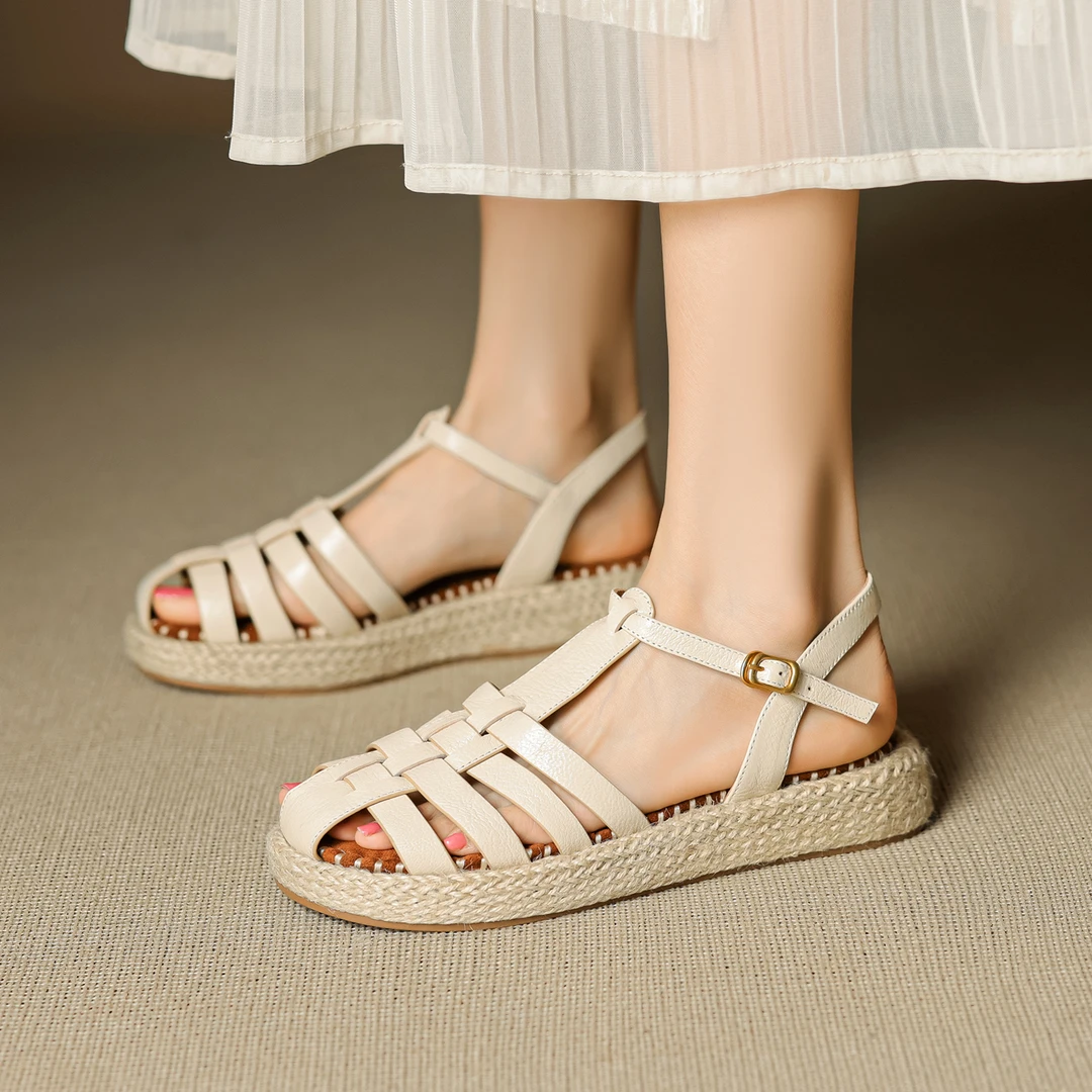 包头凉鞋女夏2025年新款时尚复古百搭学院风休闲厚底平底罗马鞋子