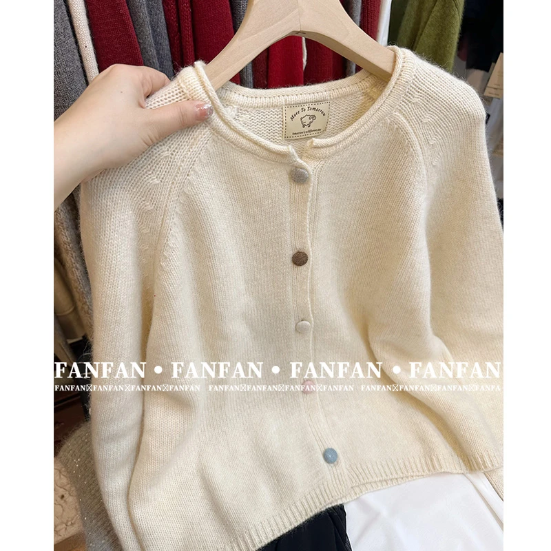 【米杏彩包扣】小个子卷边纯色圆领针织开衫女春季新款FFL1043