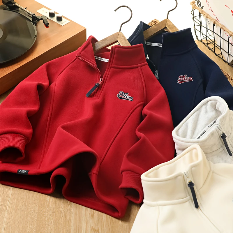 男童拉链加绒卫衣秋冬季新款中大童儿童装加厚保暖打底上衣7042