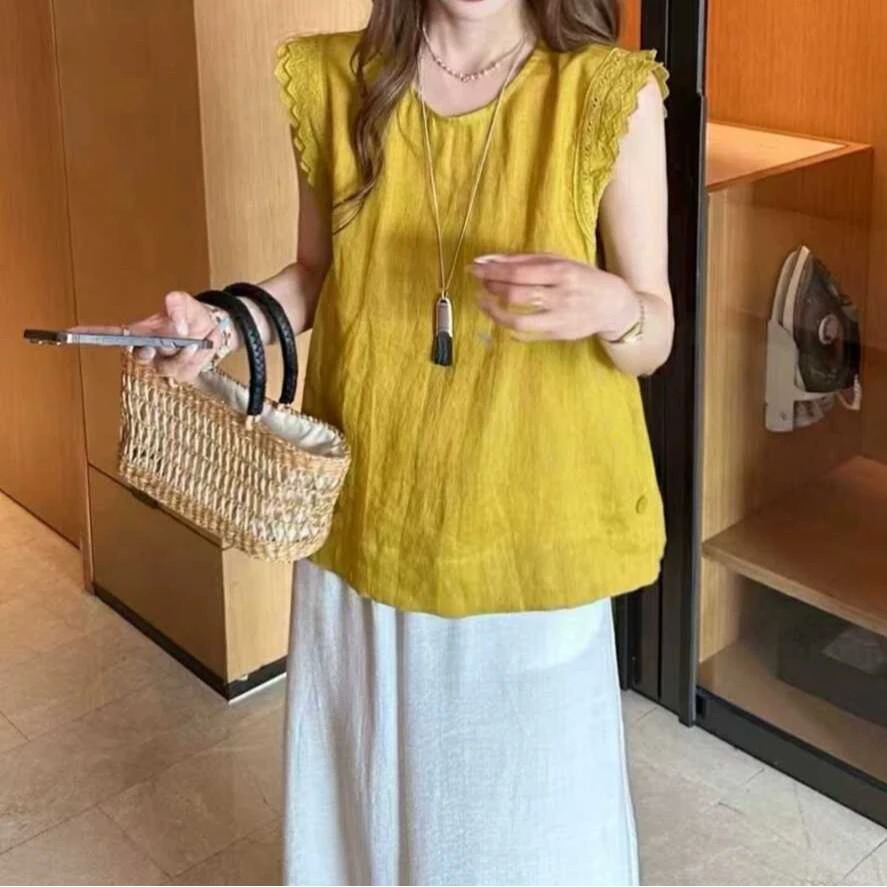 蕾丝花边拼接无袖衬衫圆领夏季2025新款小个子宽松设计上衣
