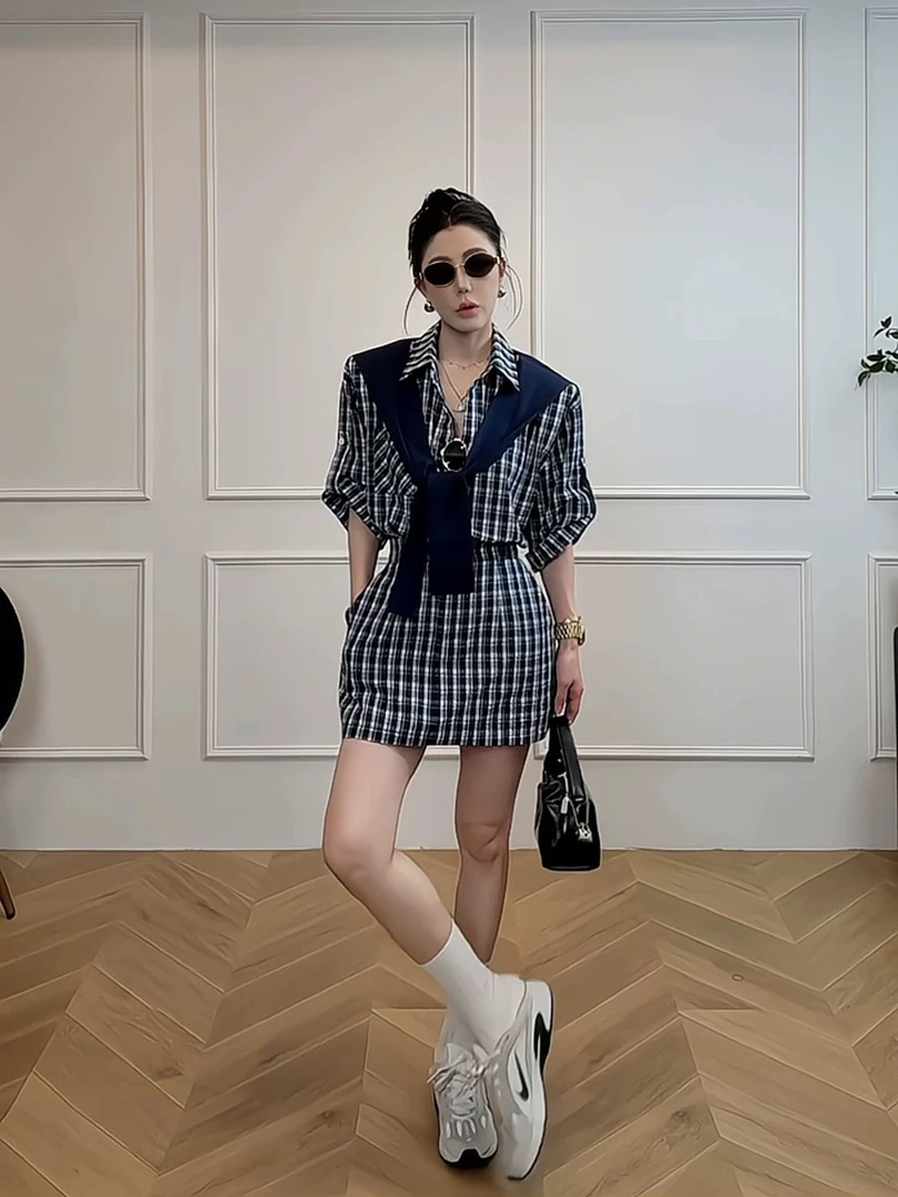夏季休闲百搭格子拼接披肩短袖衬衫连衣裙-35201