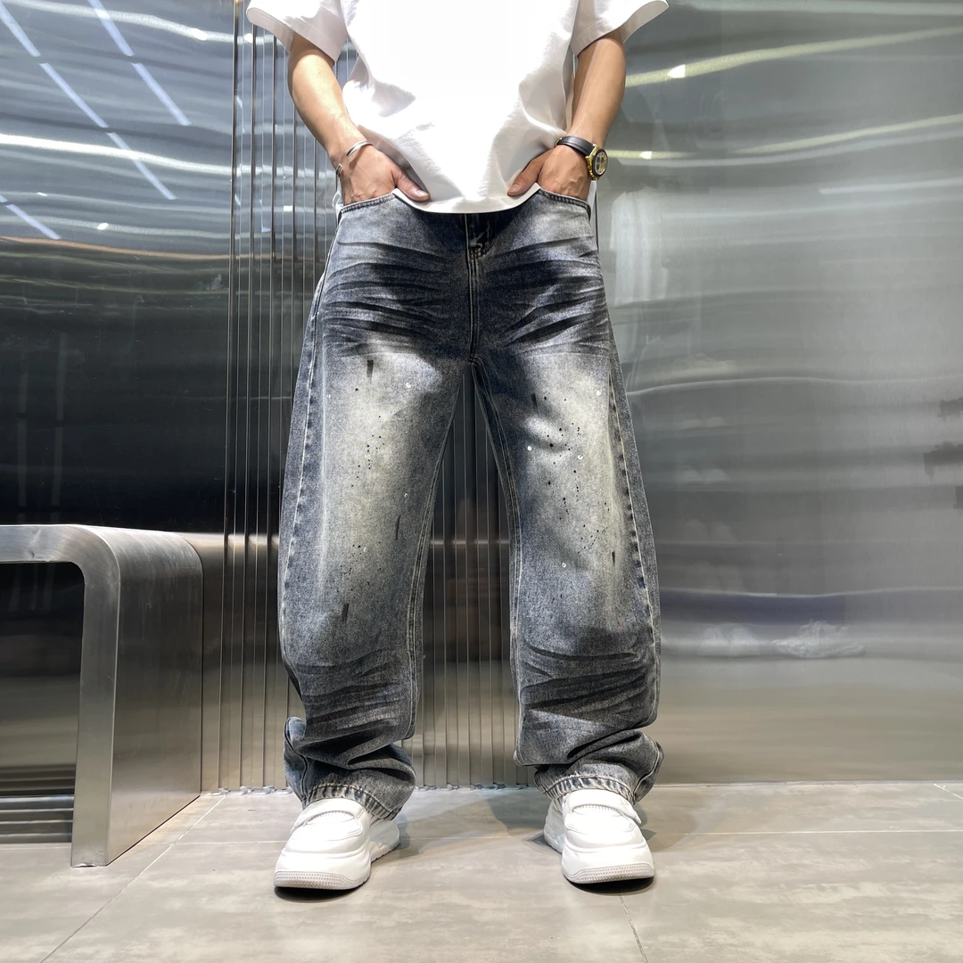 男款长裤扎染牛仔裤休闲秋季高街男直筒裤水洗男士破洞美式宽松