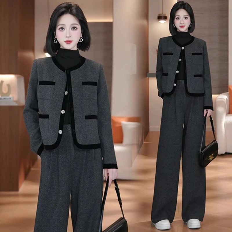 拉夏贝尔毛呢套装女2025秋季新款洋气显瘦小香风外套阔腿裤两件套