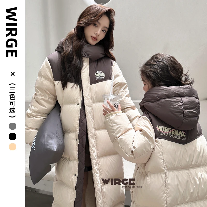 韦氏25新款亲子装男女中大小童加长款连帽过膝加厚款拼纯色羽绒服