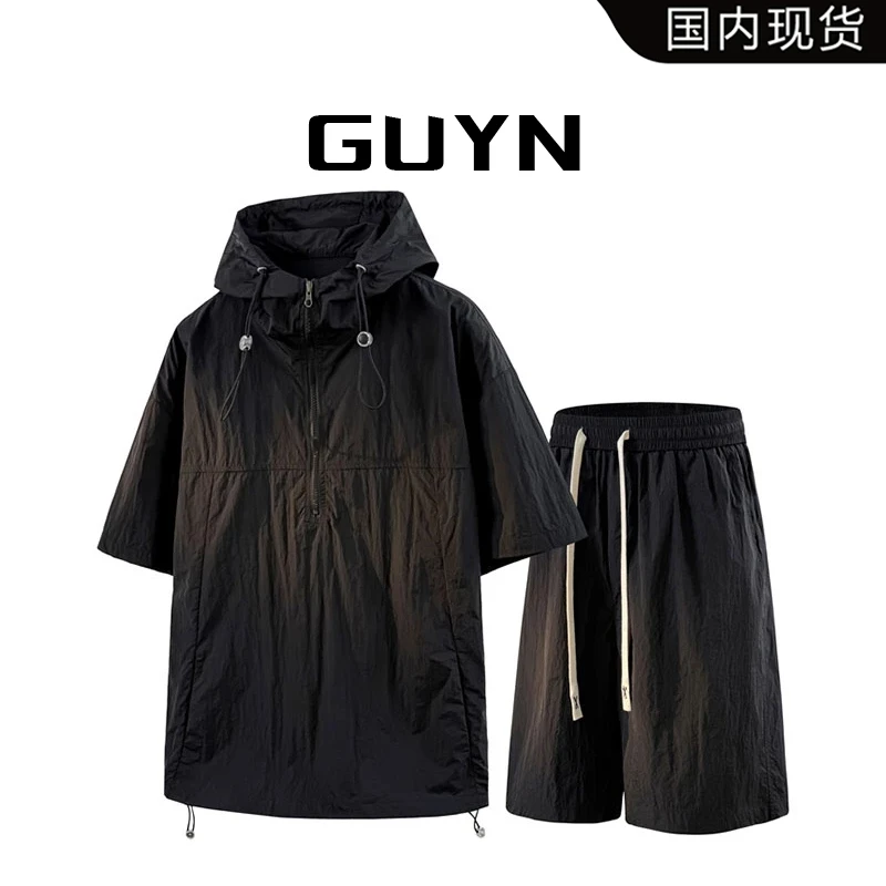 【品牌现货撤柜】GUYN夏季新款工装套装男士冰丝连帽运动套装