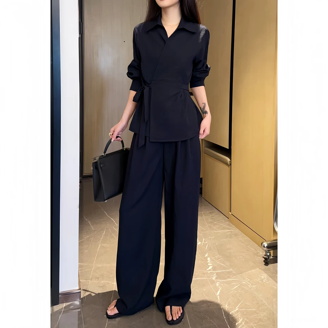 2025新款时尚套装女V领收腰绑带长袖衬衫宽松阔腿裤休闲两件套