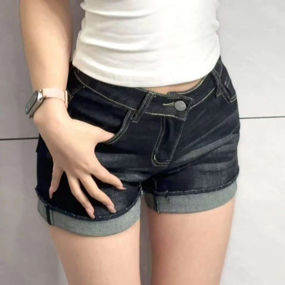 夏季水洗翻边牛仔短裤女辣妹高腰显瘦弹力a字包臀裤小个子短裤