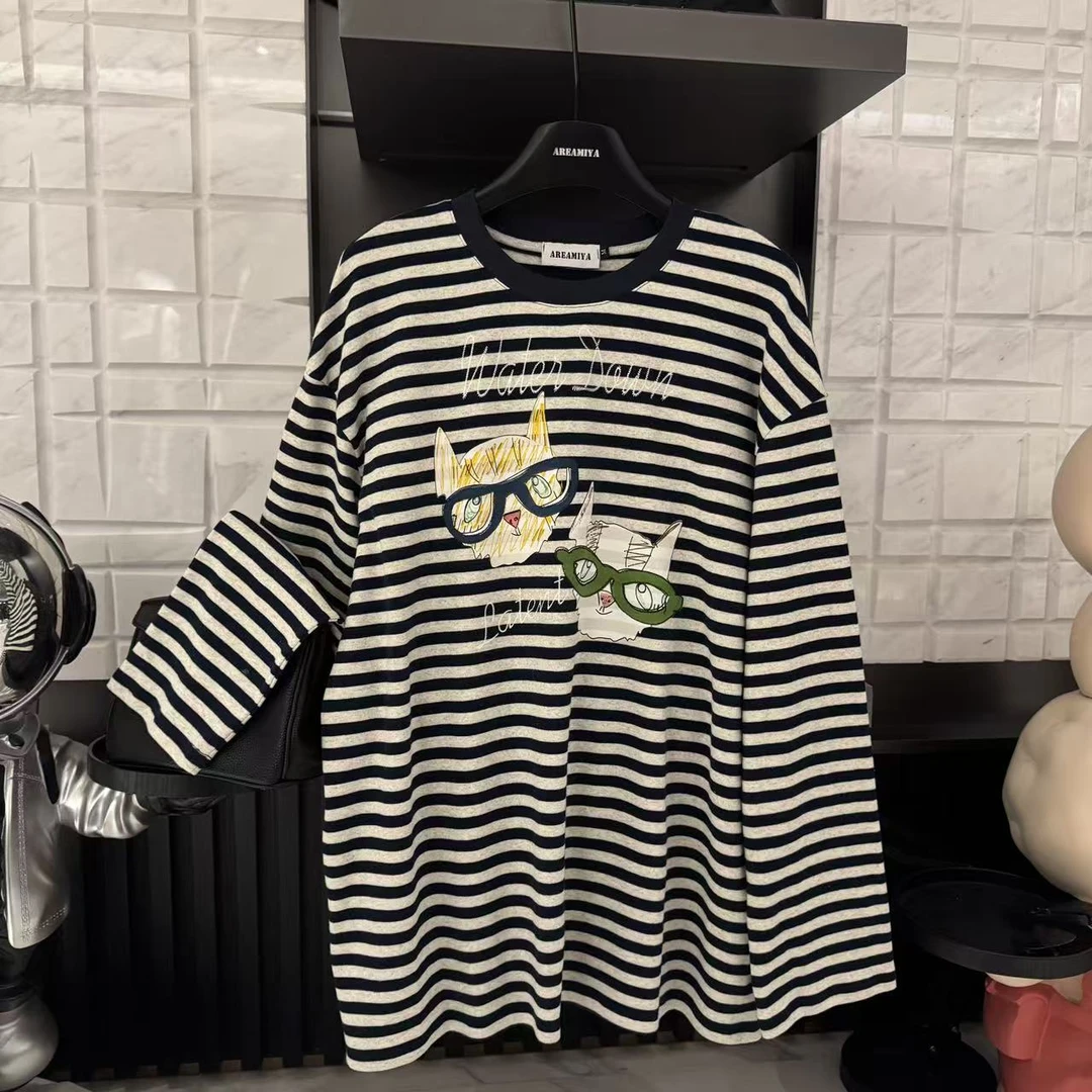 【眼镜喵星】女款秋季卡通印花圆领长袖条纹t恤CP568