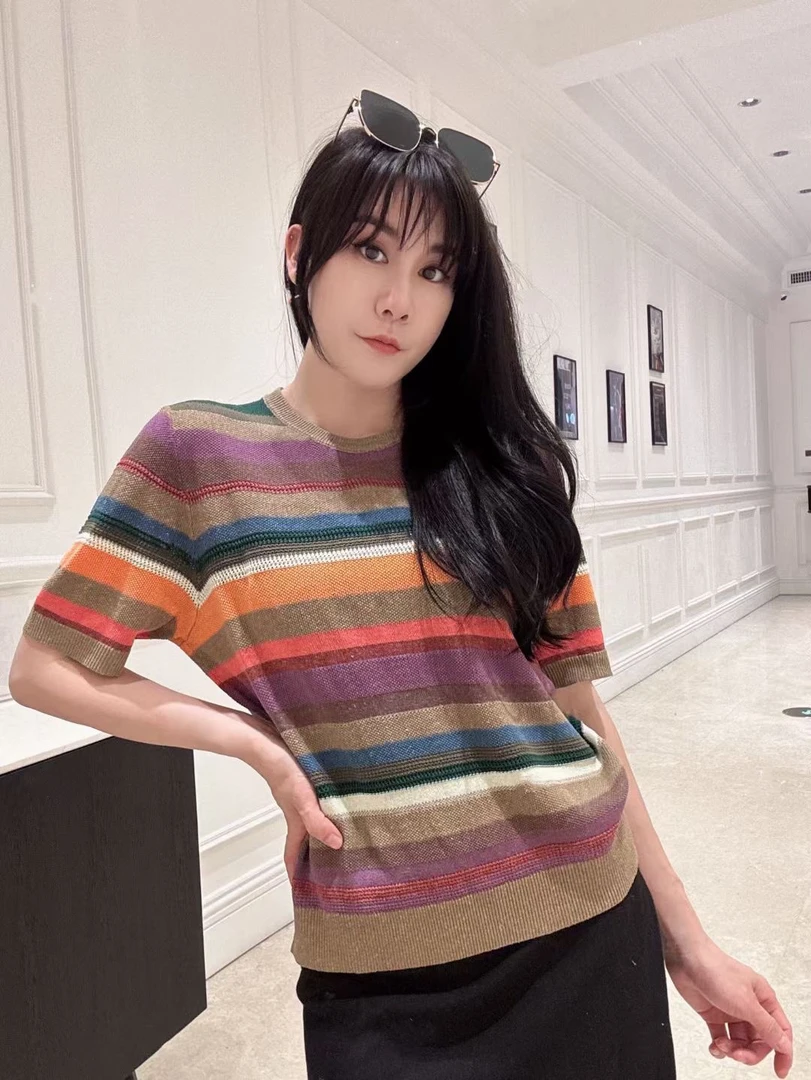 【缤纷夏日】亚麻时尚圆领减龄撞色套头针织上衣