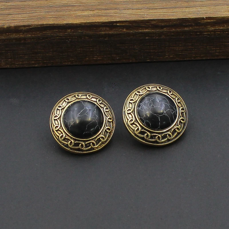 锌合金耳饰 经典宫廷纹路高档气质耳饰暗黑做旧款松石圆形耳钉120