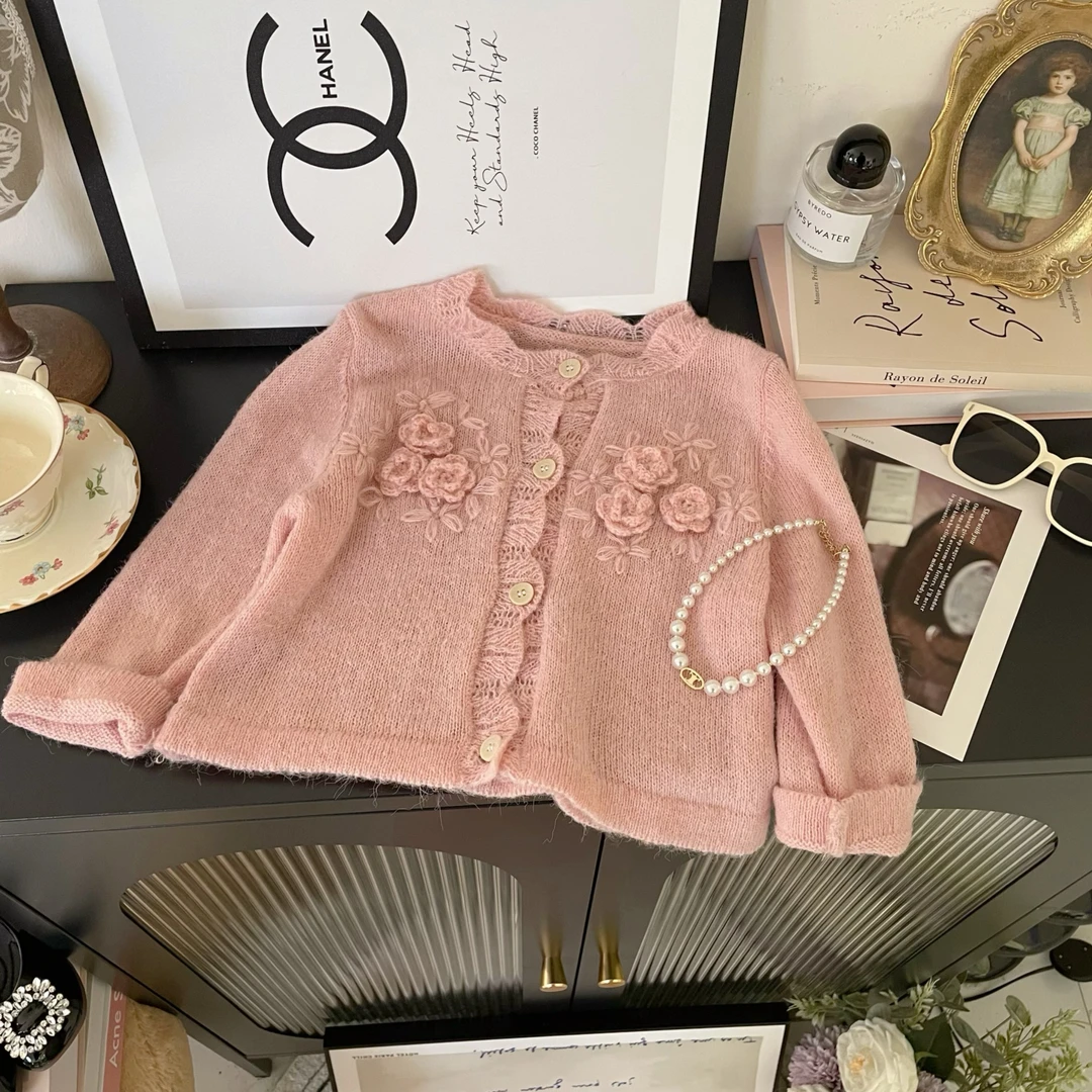 女童2025春季韩版重工手工钩花花朵毛衣开衫C21054