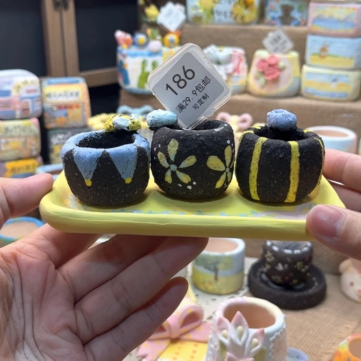 小***虎186黑陶套装花盆手绘