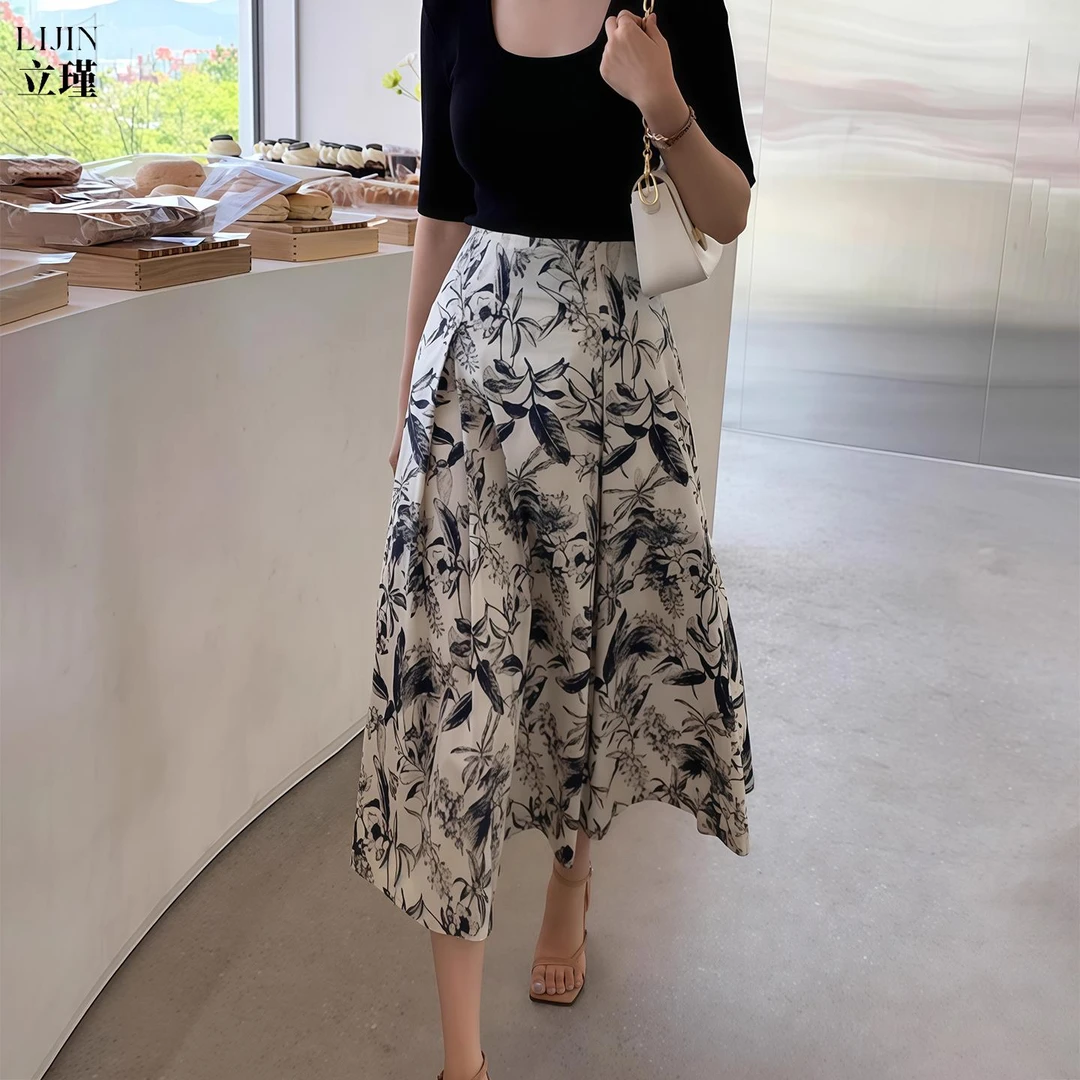 气质通勤水墨印花半身裙女2025新款夏季中长款高腰a字大摆伞裙子