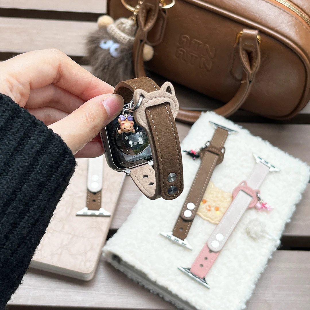 适用苹果手表s11表带iwatch s10男女款se猫耳s9翻毛皮质JY腕带