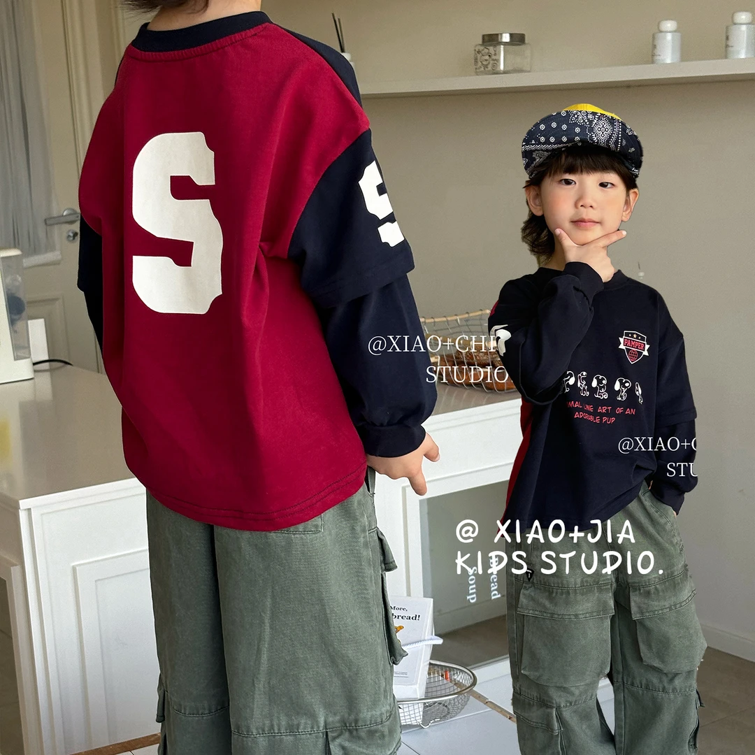 经典拼色~韩版儿童红拼藏青印花长袖T恤秋男童圆领内搭打底上衣