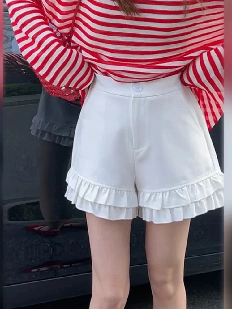 谷斯9010木耳边蛋糕西装短裤夏季高腰a字短裤