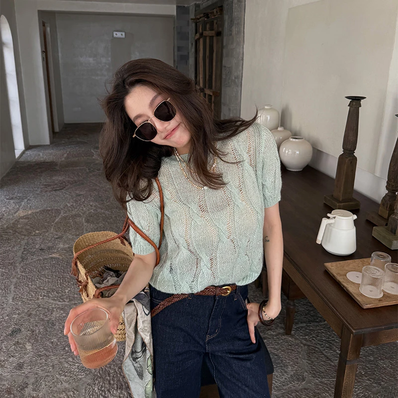 【ALONE SAVOR】邂逅 羊毛混纺多色经典柔软透气短袖毛针织衫X104