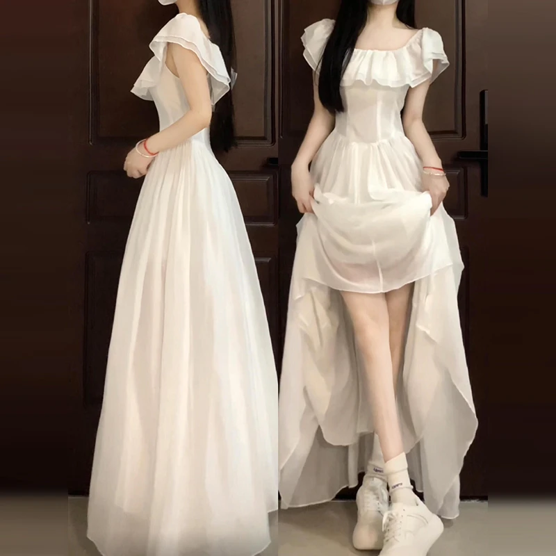 法式白色一字肩连衣裙子女夏季2025小个子气质度假风收腰长裙2939