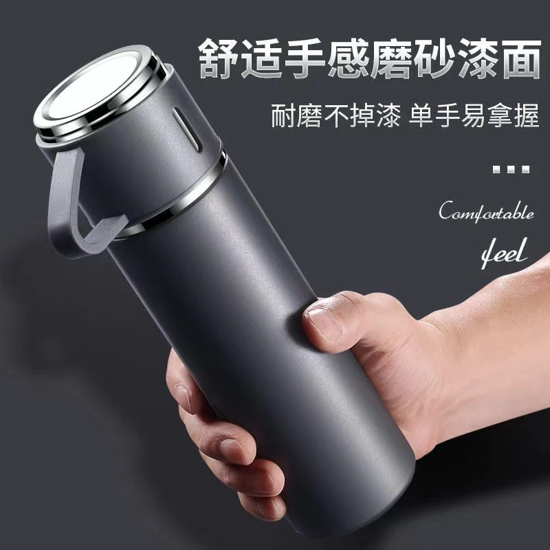 简约一杯三盖保温杯高端商务礼品套装304不锈钢办公泡茶杯实用