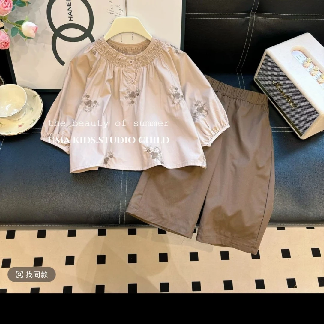 女童韩版春季洋气套装2025新款儿童早春刺绣上衣棉裤子两件套