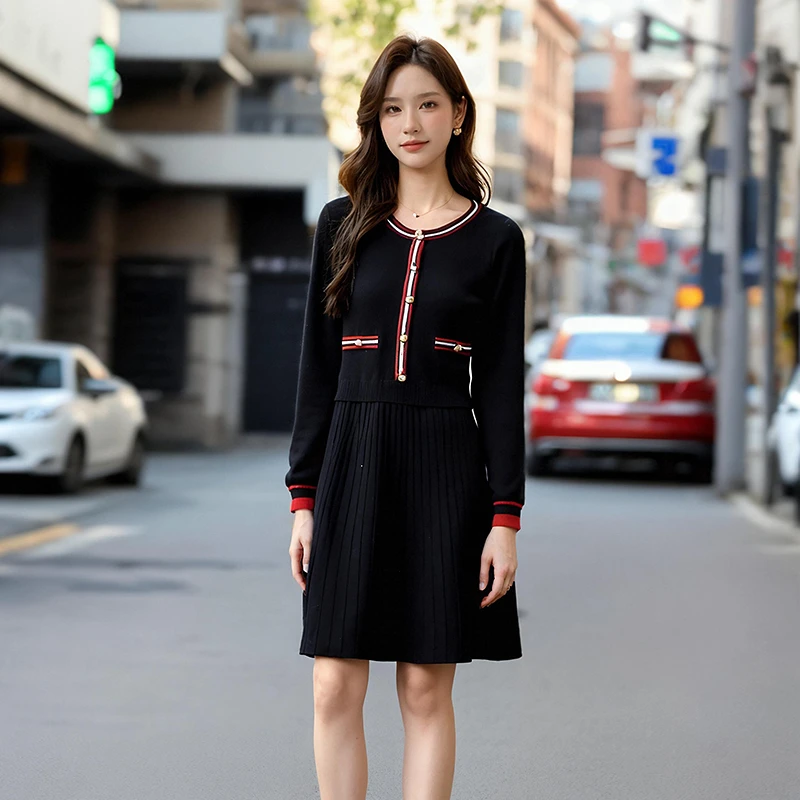 奢姿2025年秋季新款大码女装针织学院风裙子胖妹妹拼接韩系连衣裙