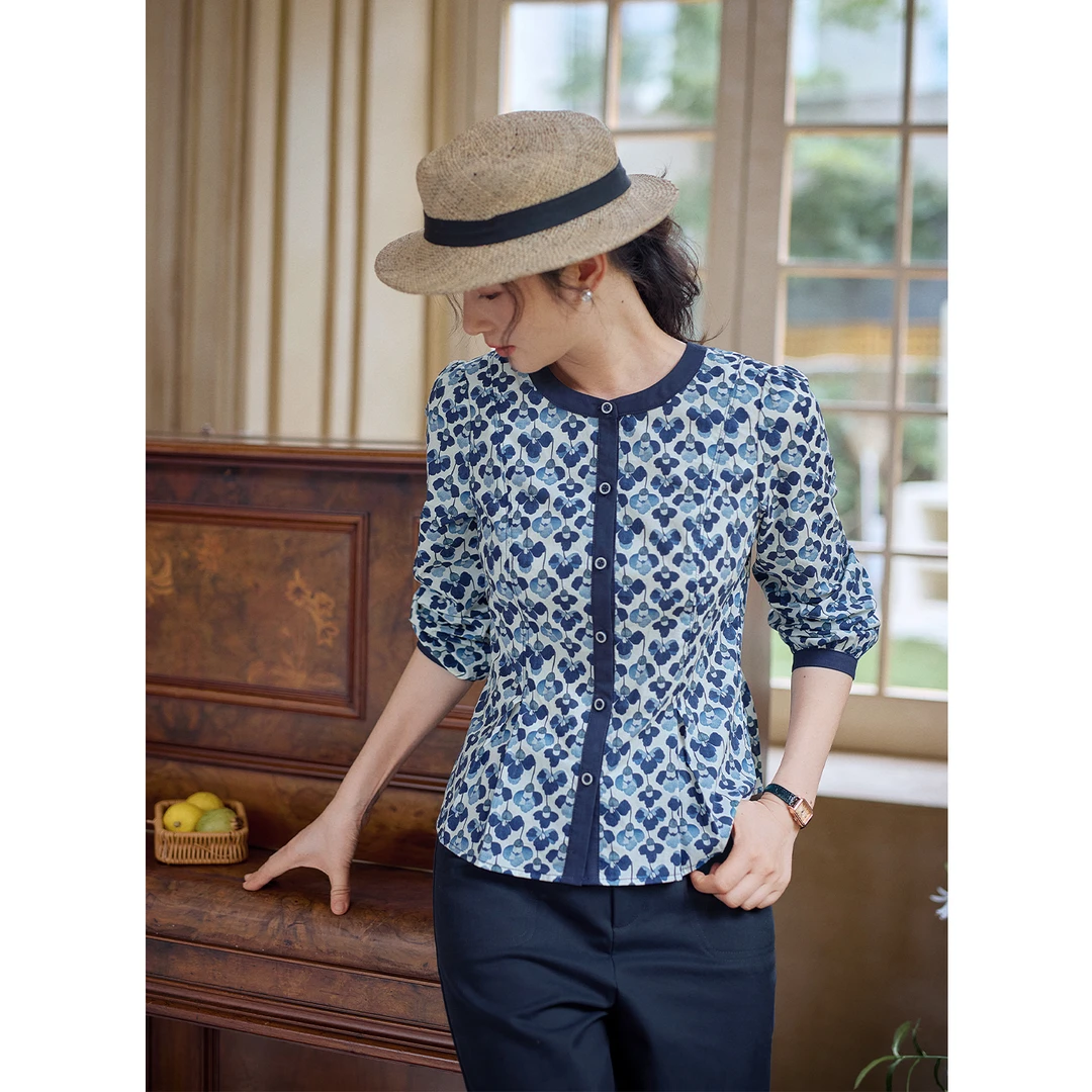 红念纯棉蓝色印花衬衫女长袖设计感秋季2025新款女装气质春秋上衣