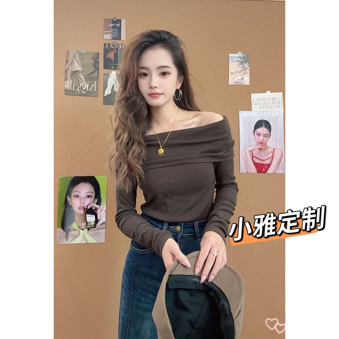 秋季新款小个子美式时尚一字肩长袖t恤露肩修身显瘦上衣针织
