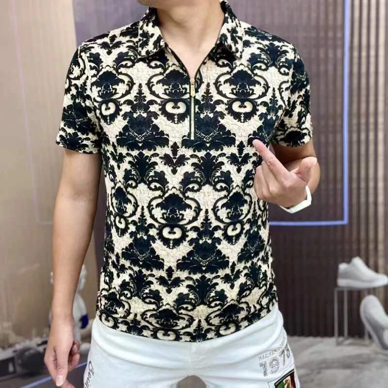 25年欧洲站时尚男装翻领短袖半拉链提花轻奢冰爽T恤8129