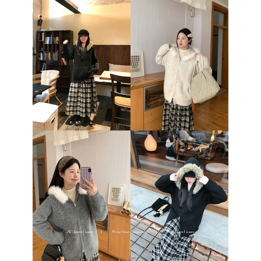 知葵微胖定制【雪松风信】秋冬休闲慵懒感连帽毛领毛衣12254M0191