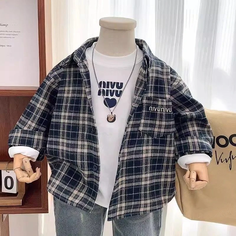 男童格子衬衫春秋2025新款中小童装洋气时髦长袖上衣宝宝帅气衬衣