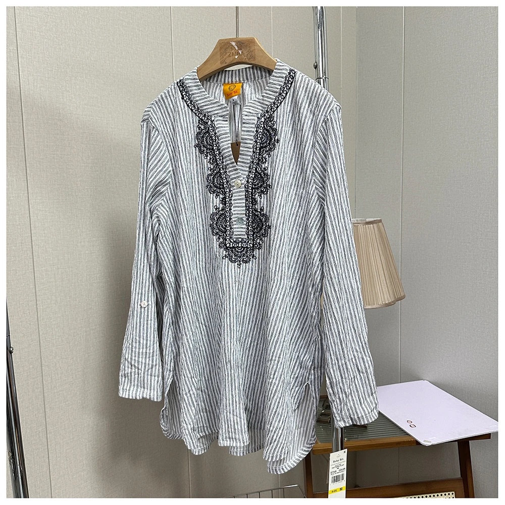 1C008春夏新款女士休闲宽松半开衫条纹长袖衬衫