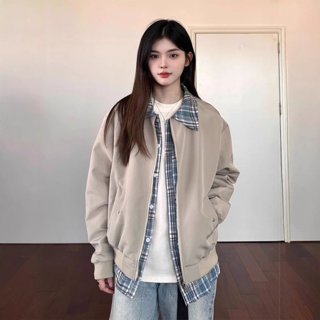 衣品无忧春秋外穿日系复古小众纯色宽松情侣男款翻领假两件耐磨防