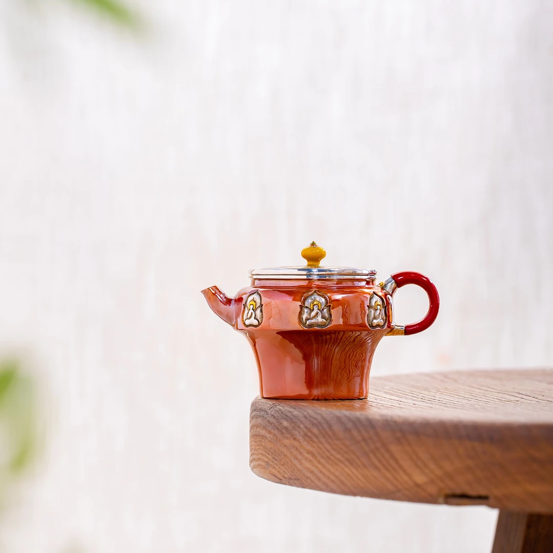 蜂鸟工坊 名匠优选 铜包银佛像漆把瓷钮盖佛像花瓶壶 MJYXA1305