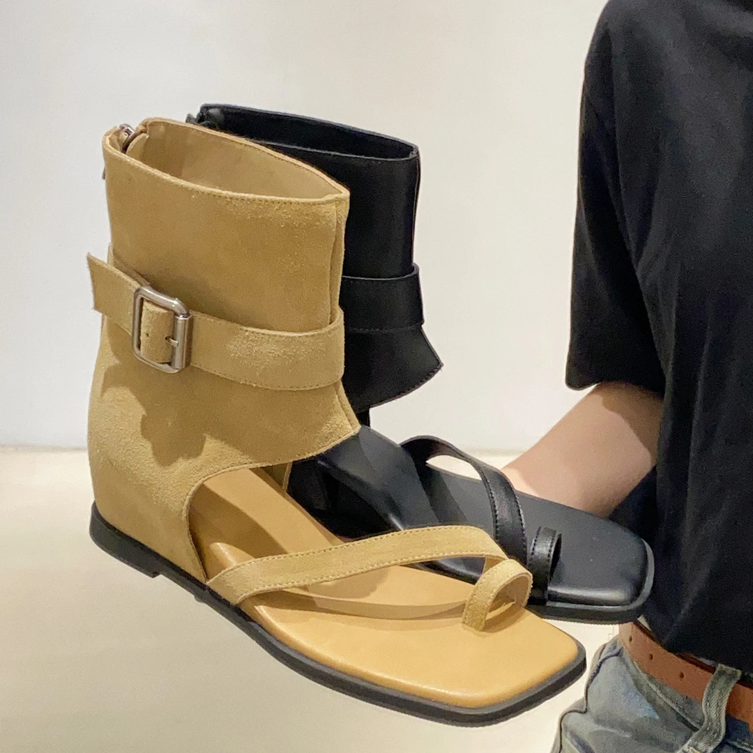 休闲时尚镂空中筒短靴内增高方头坡跟厚底夹趾罗马凉鞋凉靴女