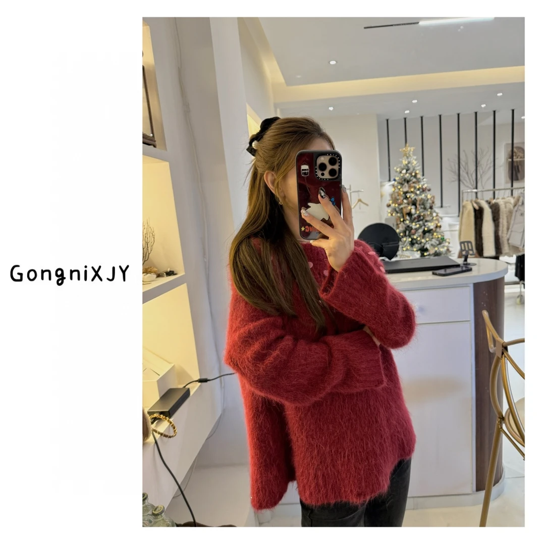 【LINA·GXY】硕果累累新年红色圆领镂空设计感毛衣