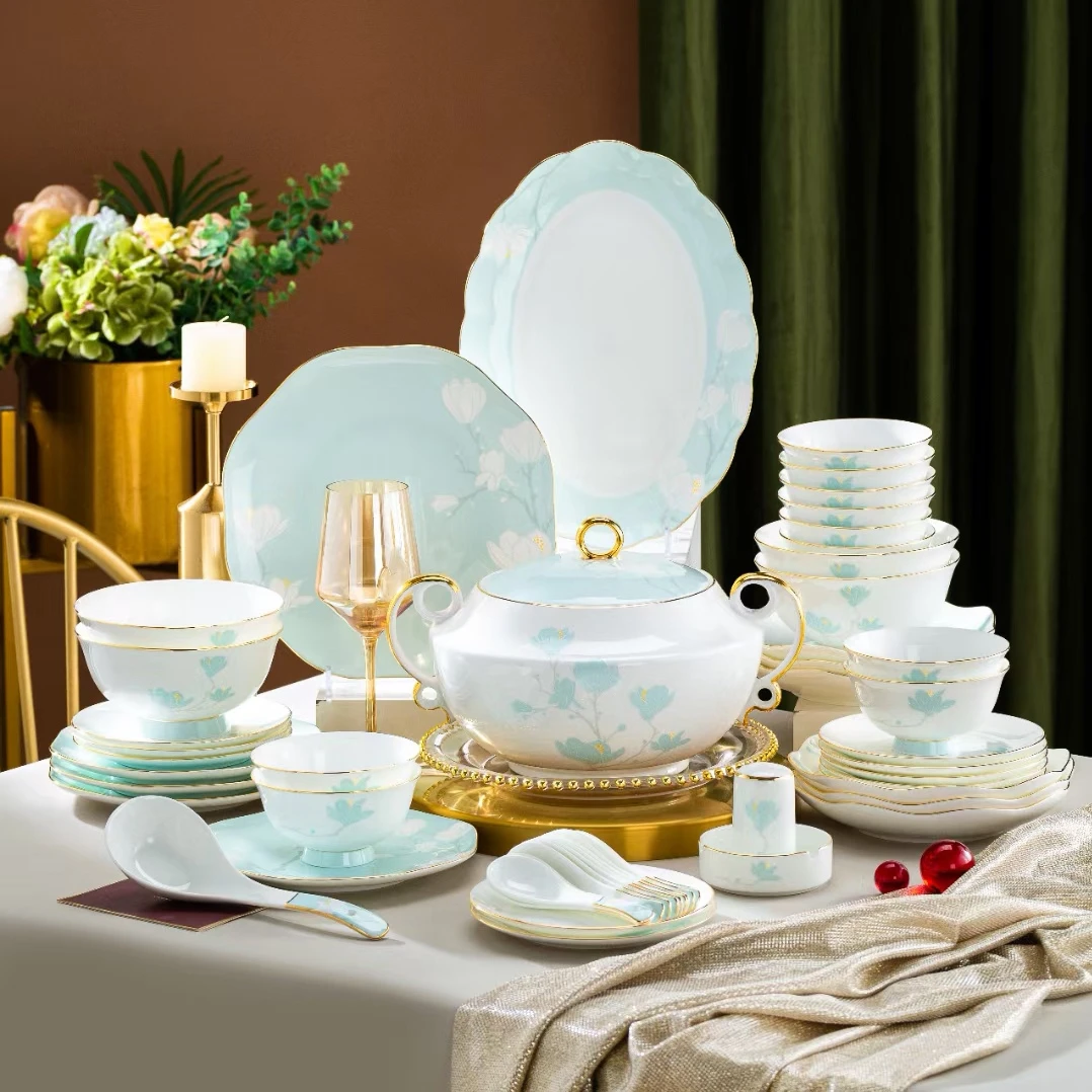 60头望春玉兰盘餐具套装高档用餐具礼品中式手工高级盘子家用陶瓷